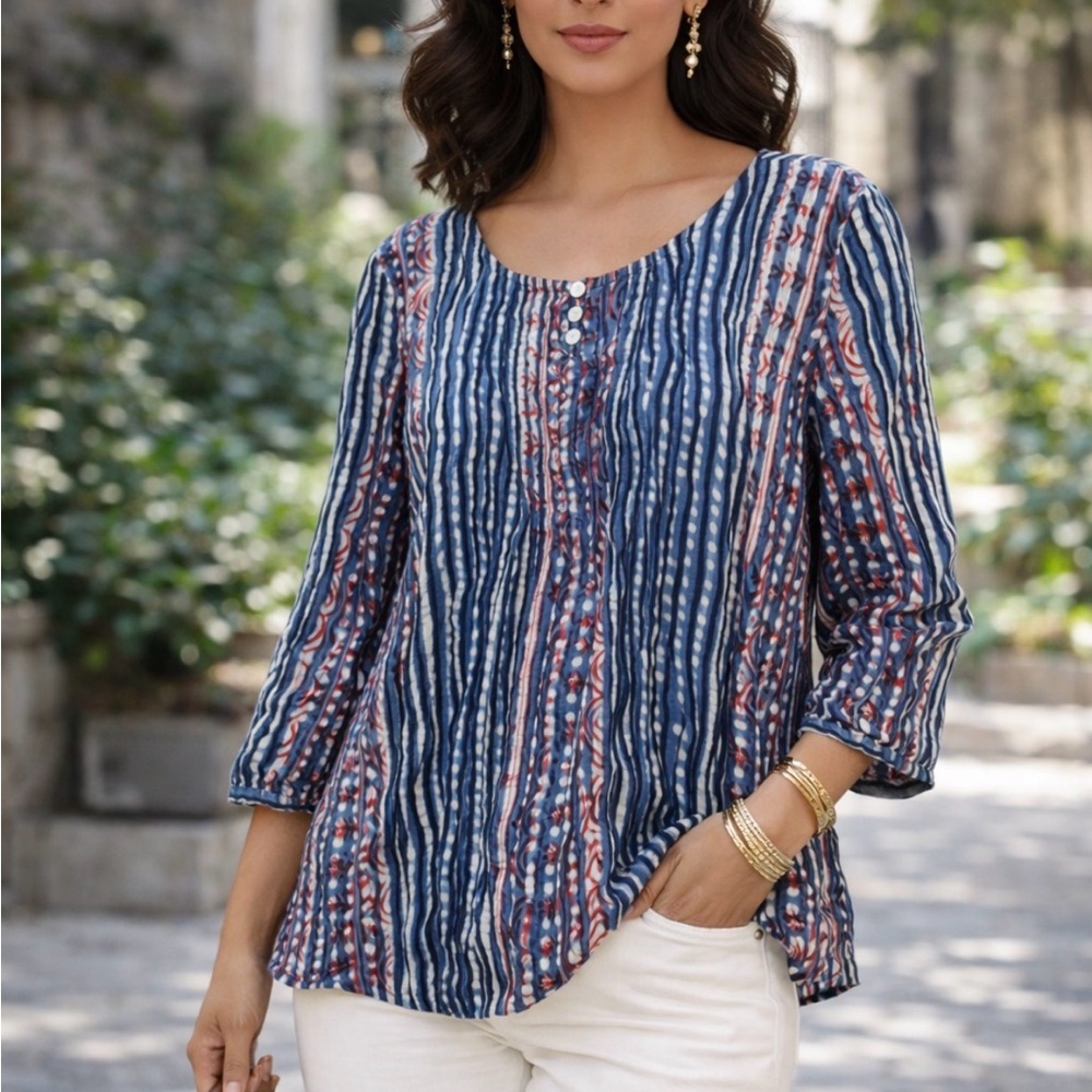 Ralph Lauren Navy and burgundy batik Striped cotton Blouse folksy artsy vibes L